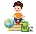Boy sitting on pile books and reading book. I love read. Back to school. School education and knowledge